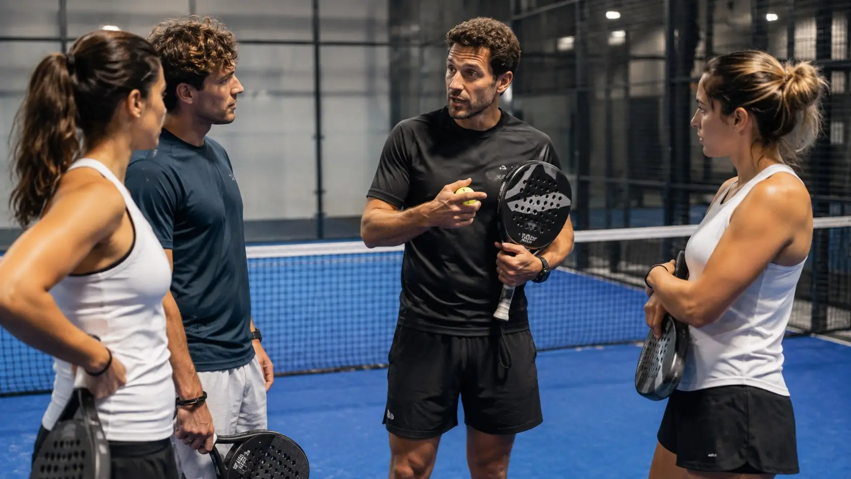 Coach briefing a group of four players on a padel court in Valencia